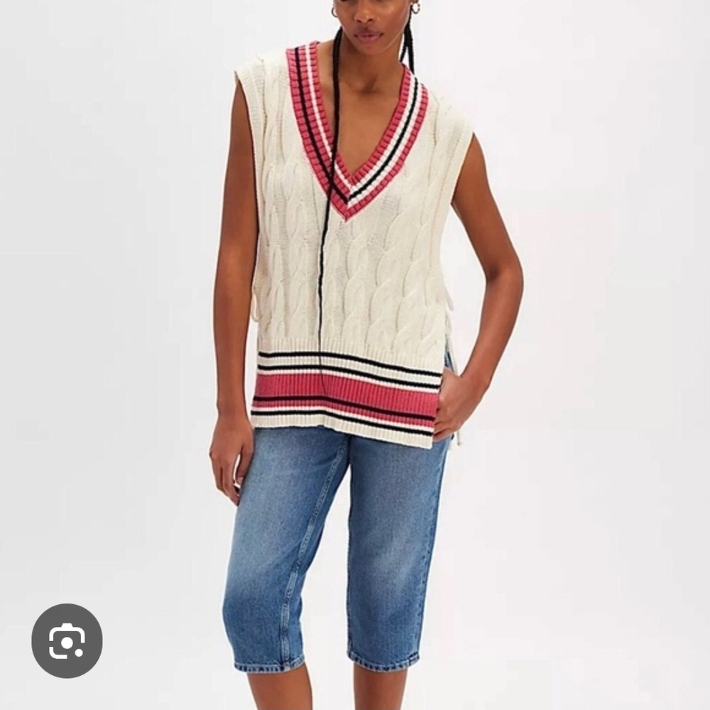 Free People V-Neck Sweater in Cream and Red